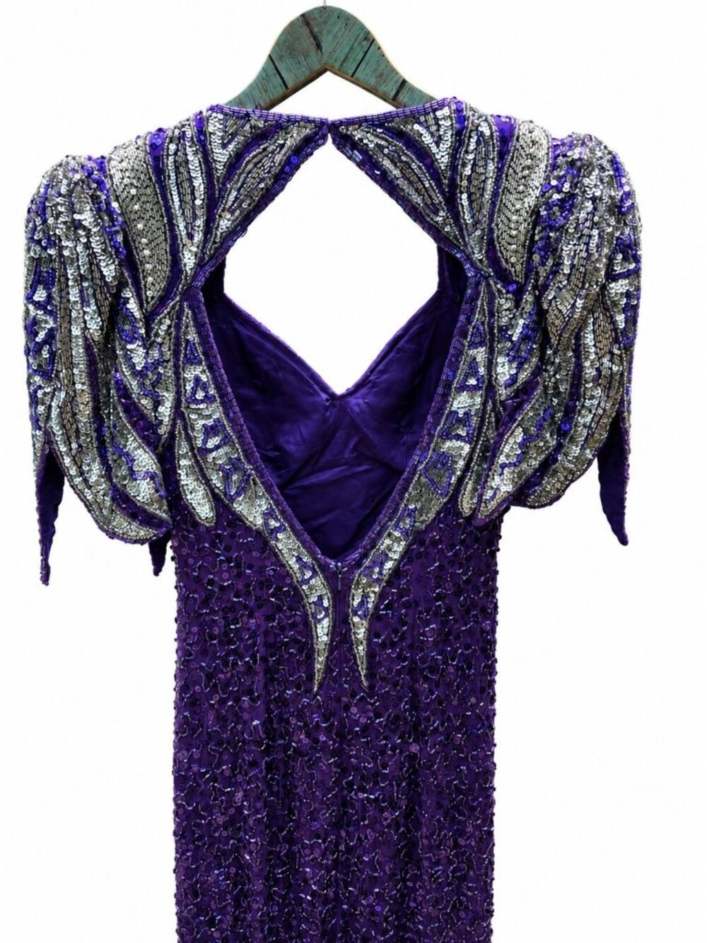 Vintage 90s Y2k Alyce Designs Silk Purple Sequin, Pearl, Bead Evening Dress, 6 - Picture 9 of 10